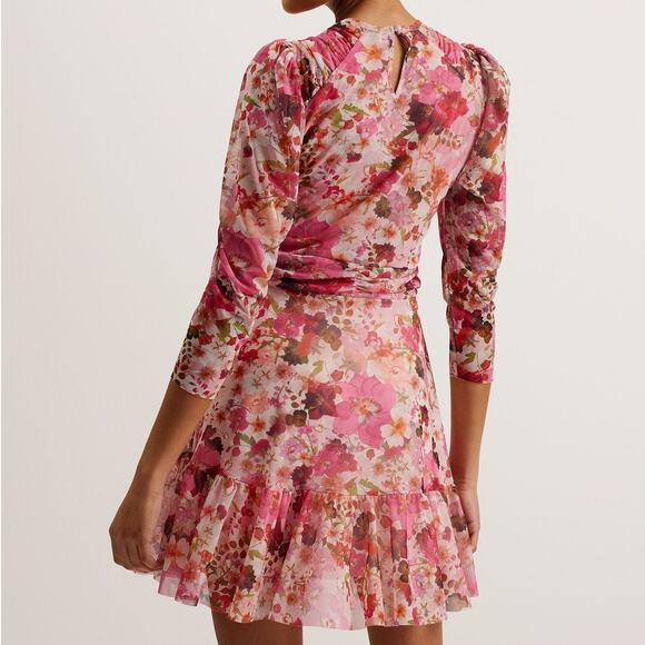 TED BAKER NWT Mildrd Mesh Mini Dress Pink Ruffle Shoulder Gathers Women's 0 - Picture 4 of 10